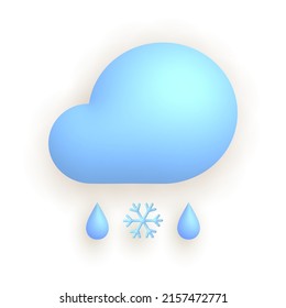 3d realistic weather icon snow with rain. Cloud, drops and snowflake. Vector illustration.