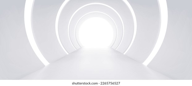 3d realistic white abstract room with tunnel. Empty illuminated museum corridor in vector. Empty studio hall. Futuristic advertising showroom for exhibit or product. Minimal indoor gallery stage.