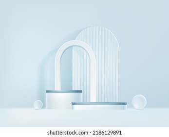 3d Realistic White Beauty Blue Pastel Podium With Sphere Transparent Glass For Cosmetic, Perfume, Product Display