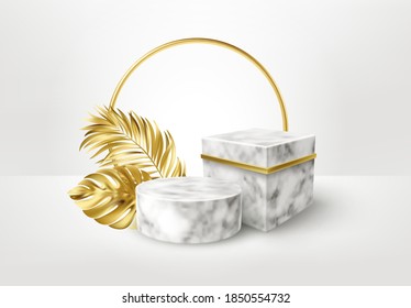 3d realistic white and black marble pedestal on white background with golden palm leaves. Empty space design luxury mockup scene for product. Vector illustration EPS10