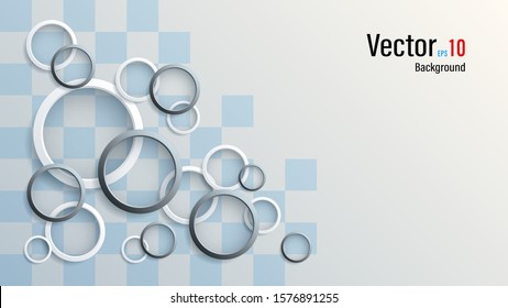 3d realistic white and black paper or plastic cut circles with shadow on blue checkered background. Web design banner template. Vector illustration stock.
