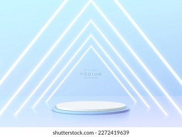 3D realistic white and blue cylinder pedestal podium background with glowing neon light triangles tunnel. Wall minimal scene mockup products, Stage showcase, Promotion display. Abstract vector room.