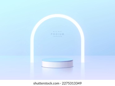 Fondo de podio para peatones con forma de arco de luz de neón 3D realista de cilindro blanco y azul. Muro futurista minimalista escena de maquillaje escaparate escaparate, pantalla promocional. Vector abstracto de la habitación vacía.