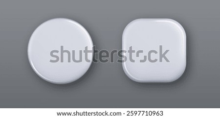 3d Realistic White buttons. Round and Square White blank empty Badge Isolated. Glossy surface template for branding. Mockup