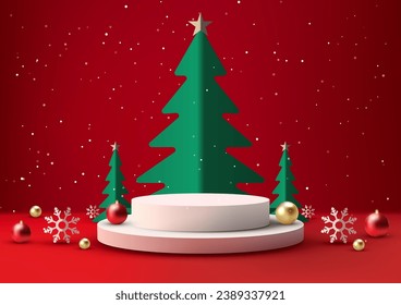3D realistic white Christmas podium. a new year festive red background with white snowflakes and gold, red balls. Perfect for Christmas product displays, mockups, showrooms. Vector illustration