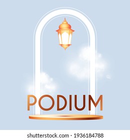 3D realistic white circle podium with fog and gold lantern. Empty stage. Showcase design.