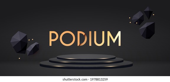 3D realistic white circle podium with geometric elements, gold spheres and fog. Empty stage. Showcase design