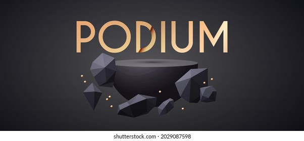3D realistic white circle podium with geometric elements, gold spheres and fog. Empty stage. Showcase design.