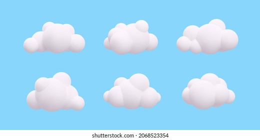 3 d colección realista de nubes blancas aisladas en fondo azul. Ilustración del vector