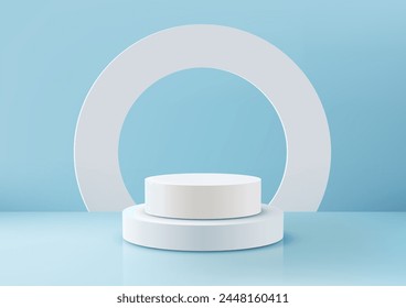 3D realistic white color podium platform with circle frame backdrop minimal wall scene on blue background. Beauty, cosmetic presentation showcase, mockup stage, product display. Vector illustration