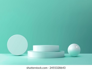 3D realistic white color podium decoration with circle and ball on the floor and light blue background, modern concept, product display, mockup, showroom, showcase. Vector illustration
