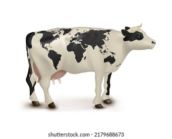 3D Realistic White Cow With World Map. EPS10 Vector