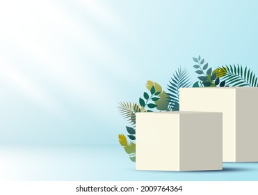 3D realistic white cube on soft blue backdrop for product display with tropical leaves decoration. Platform in studio lighting background. Museum showcase concept. You can use for show cosmetic