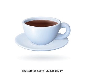 3d realistic white Cup with coffee or tea. Cup and sauser with hot drink. Mug for home, restaurant and cafe. Vector render illustration isolated on white background.