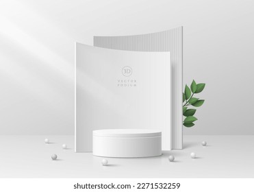 3D realistic white cylinder pedestal podium background with curve layers backdrop and green leaf. Minimal wall scene mockup product stage showcase, Promotion display. Abstract vector geometric forms.