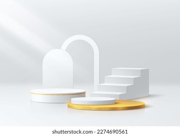 Fondo de podio para peatones de cilindro blanco realista 3D con pedestal dorado y escalera blanca. Formas geométricas abstractas vectoriales. Escena mínima de pared, escenario de productos de maquillaje para el escaparate, pantalla de promoción.