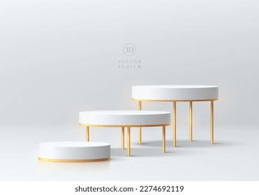 3D realistic white cylinder pedestal podium background with golden legs in clean empty room. Vector abstract geometric forms. Wall minimal scene, mockup products stage for showcase, Promotion display.