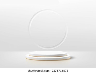 Fondo de podio para peatones de cilindro blanco realista 3D con textura de anillo circular en la pared. Muestra de escenario de productos de simulación de escenas minimalistas en pared, pantalla de promoción de banners. Vector abstracto de la habitación vacía.