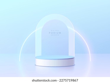 3D realistic white cylinder pedestal podium background with arch backdrop and neon light. Futuristic wall minimal scene mockup products stage showcase, Promotion display. Vector abstract empty room.