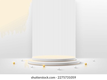 Fondo de podio para peatones de cilindro blanco realista 3D con fondo de patrón vertical. Plataformas geométricas abstractas vectoriales. Muestra de escenario de productos de simulación de escenas minimalistas en pared, pantalla de promoción de banners.