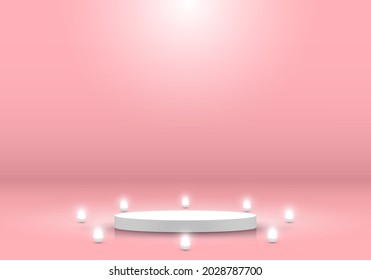 3D realistic white cylinder podium pedestal platform display product minimal scene background with neon sphere ball for cosmetic beauty. You can use for presentation, concert, exhibition, etc. Vector