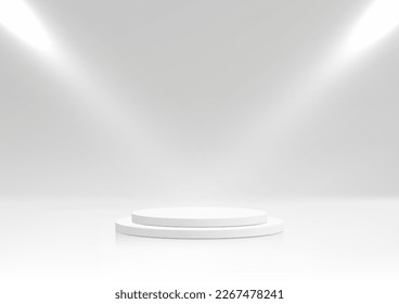 3D realistic white cylinder podium stand with spotlight minimal wall scene on clean background. Product display for cosmetic, showroom, showcase, presentation, etc. Vector illustration