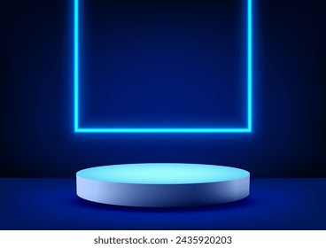 3D realistic white cylinder podium against a dark studio room backdrop, illuminated by a glowing neon square. Technology concept. Vector illustration