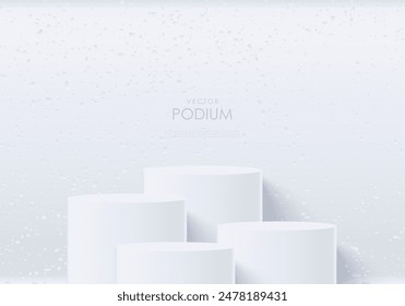 3D realistic white cylinder product pedestal podium background with green leaf. Minimal vertical pattern wall scene mockup product stage showcase, Promotion display. Abstract vector geometric forms.