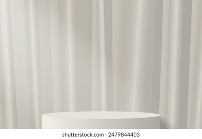 3D realistic white cylinder product pedestal podium background. Minimal vertical pattern wall scene mockup product stage showcase, Promotion display. Abstract vector geometric forms.