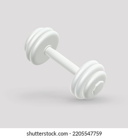 3D realistic white dumbbell on light background. Heavy weight accessories for physical exercise and fitness. Healthy lifestyle concept: dumbbell for individual sports and gym. Vector illustration