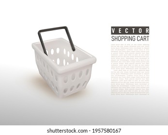 3d realistic white empty shopping basket. Online store. Hypermarket product carry object. Plastic shopping cart. Vector grocery basket realistic illustration isolated on white background.
