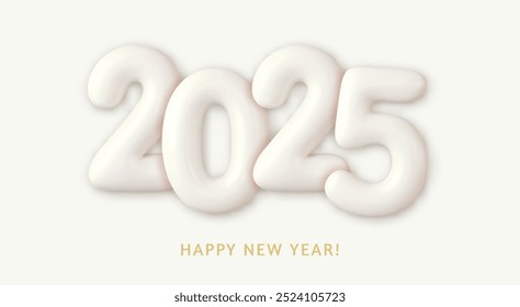 3d Realistic White Foil Balloons. Merry Christmas and Happy New Year 2025 greeting card. Winter Holiday banner concept. 3d rendering. Vector illustration