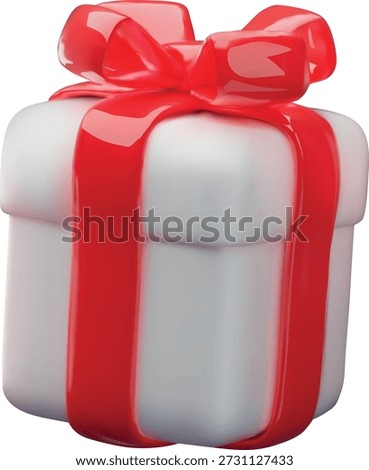 3D realistic white gift box with red ribbon bow vector icon. Festive surprise close gift box isolated. Volume holiday decoration. Render Birthday present. Glossy romantic wrapping package