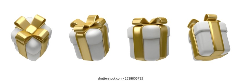 3d Realistic White Gift Boxes with Gold Ribbon Gift Bow Set. Christmas Decoration Vector illustration EPS10