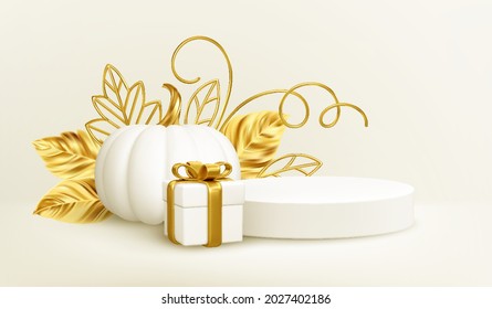 3d realistic white gold pumpkin with golden leaves, product podium and gift box isolated on white background. Thanksgiving background with pumpkins, podium and gift box. Vector illustration EPS10