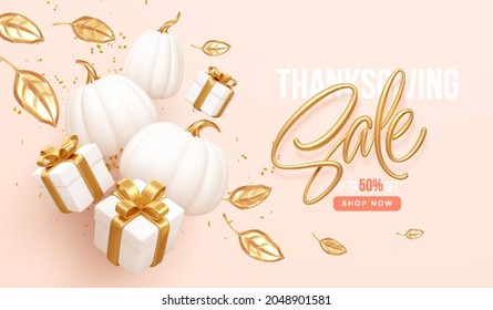 3d realistic white and gold pumpkin with gold leaves and gift box isolated on white background. Thanksgiving background with pumpkins and gift box. Vector illustration EPS10