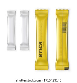3D Realistic White And Gold Sachet Stick Packaging. EPS10 Vector