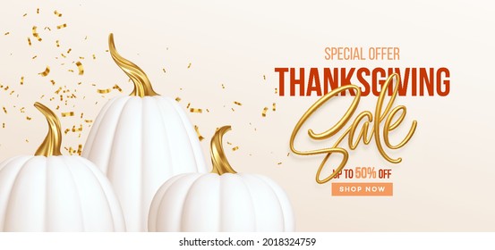 3d realistic white golden pumpkin with sale text isolated on white background. Thanksgiving background with pumpkins and Thanksgiving sale lettering. Vector illustration EPS10