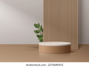 3D realistic white gray cylinder pedestal podium background with vertical wood and green leaf. Wall minimal scene mockup products stage showcase, Banner promotion display. Vector abstract empty room.