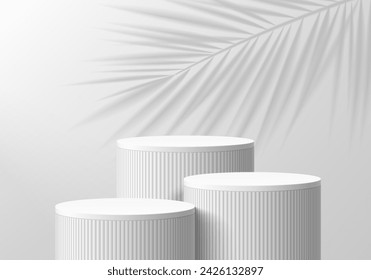 3D realistic white and gray product podium set background with palm leaf shadow overlay. Minimal wall scene mockup product stage for showcase, Banner promotion display. Abstract vector geometric forms