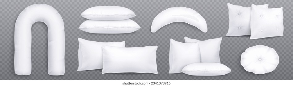 3d realistic white long pregnancy body pillow isolated mockup. Cushion and meditation soft comfort pillowcase set rectangular and circle shape. Bed or sofa fluffy textile design front and side view svg