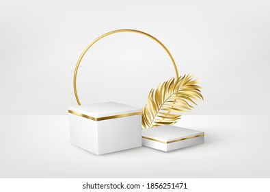 3d realistic white marble pedestal on white background with golden palm leaves. Empty space design luxury mockup scene for product. Vector illustration EPS10