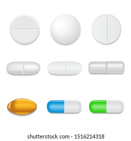 3d realistic white medical pill or tablet on isolated background. Set of medical round pill and capsules in mockup style. Medical and healthcare concept. vector illustration eps10