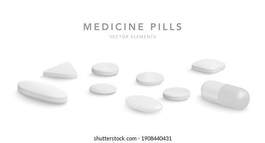 3d realistic white medical pills isolated on white background. Collection of oval, round and capsule shaped tablets. Medicine and drugs. Vector illustration