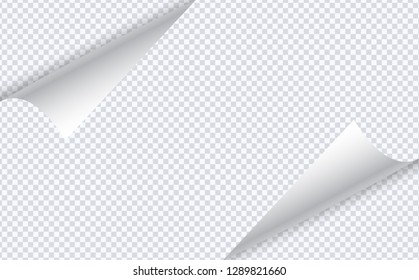3D realistic white paper corner with shadow on transparent background. 3D page corner curled. Bending paper mockup. Paper sheet with curled corner. Realistic shadow isolated on transparent background.