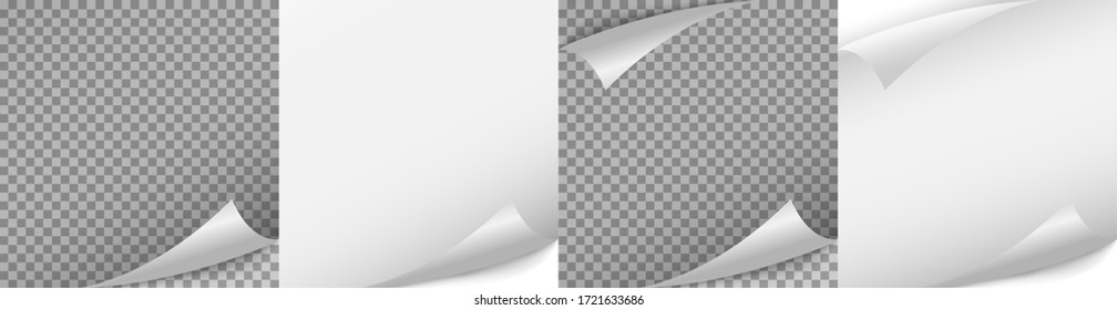 3d realistic white paper corner mock up isolated on white and transparent background. Sticky note paper reminder template with curl corner. Blank sheet mockup for your design. Vector illustration