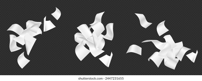 3d realistic white paper document sheet fly on wind. Office letter page fall isolated set. Paperwork blow design. Chaotic empty note pile flight concept. Creative ideas flow down element mockup