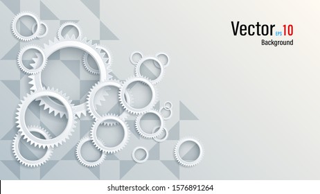 3d realistic white paper or plastic cut circles gears, cogwheel with shadow on grey triangles background. Web design banner template. Vector illustration stock.