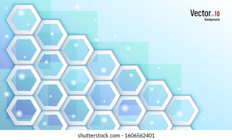 3d realistic white paper or plastic hexagons with shadow on ice background. Web design banner template. Vector illustration stock.