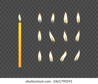 3d realistic white and paraffin or wax burning party candle and different flame of a candle icon set closeup isolated. Vector